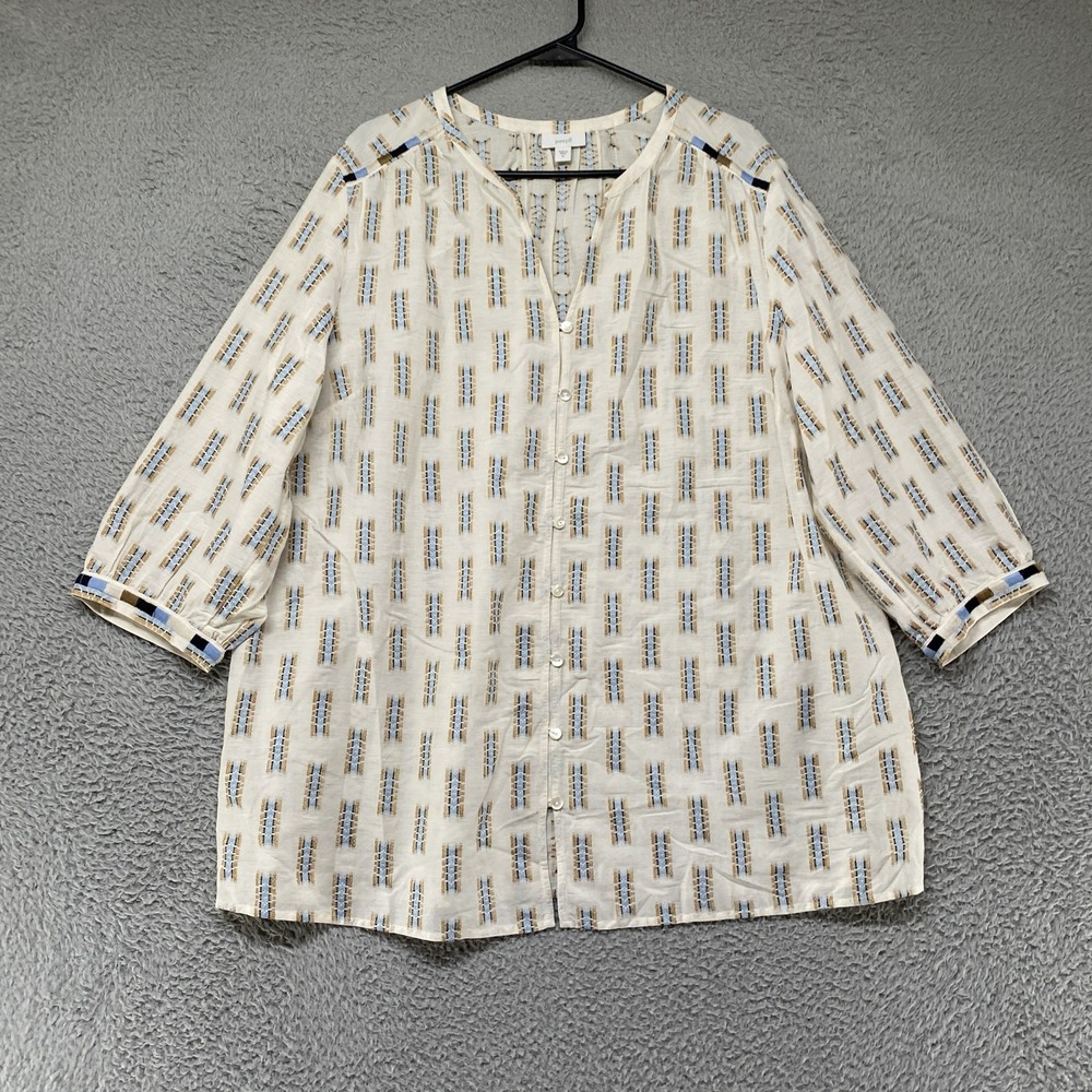Pure Jill Tunic Top Womens XL Cream Embroidered Geometric Button Up 3/4 Sleeve